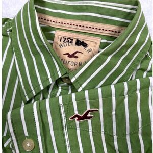 VTG Y2K Hollister Button Shirt Men M (FIT S) Green White Stripe Seagull Logo